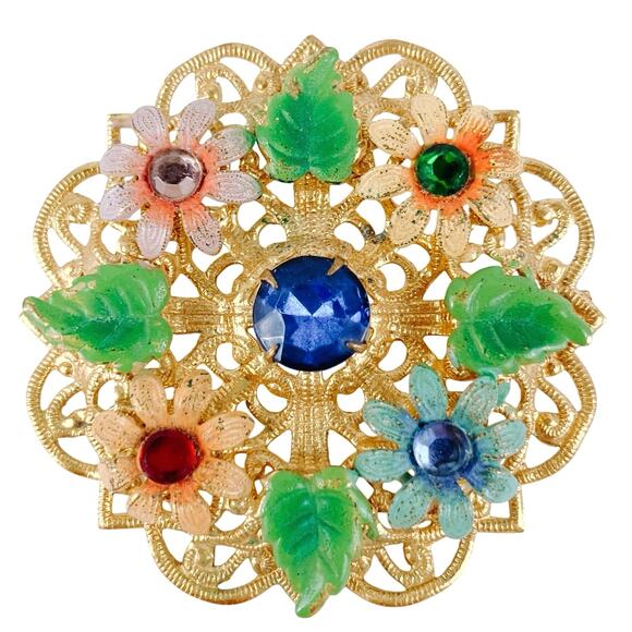 Vintage Gold-Tone Filigree Brooch Enamel Flowers and Rhinestones C-Clasp 50s-60s - Picture 1 of 8